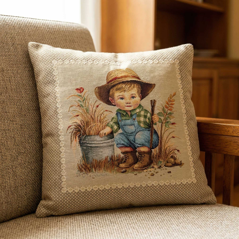 Dekoratex Dekorační povlak na polštářek RETRO CHLAPEC ZAHRADNÍK, béžová 45x45cm