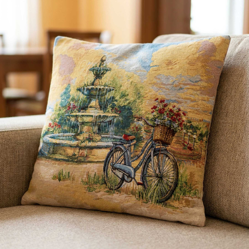 Dekoratex Dekorační povlak na polštářek RETRO FONTÁNA A BICYKL, béžovo-zelená 45x45cm