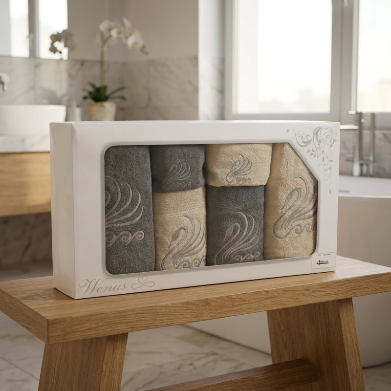 4sleep dárkový set froté ručníků a osušek WENUS VI, 6-dílný, labutě šedá/krémová s výšivkou 2x 30x50cm + 2x 50x90cm + 2x 70x140cm