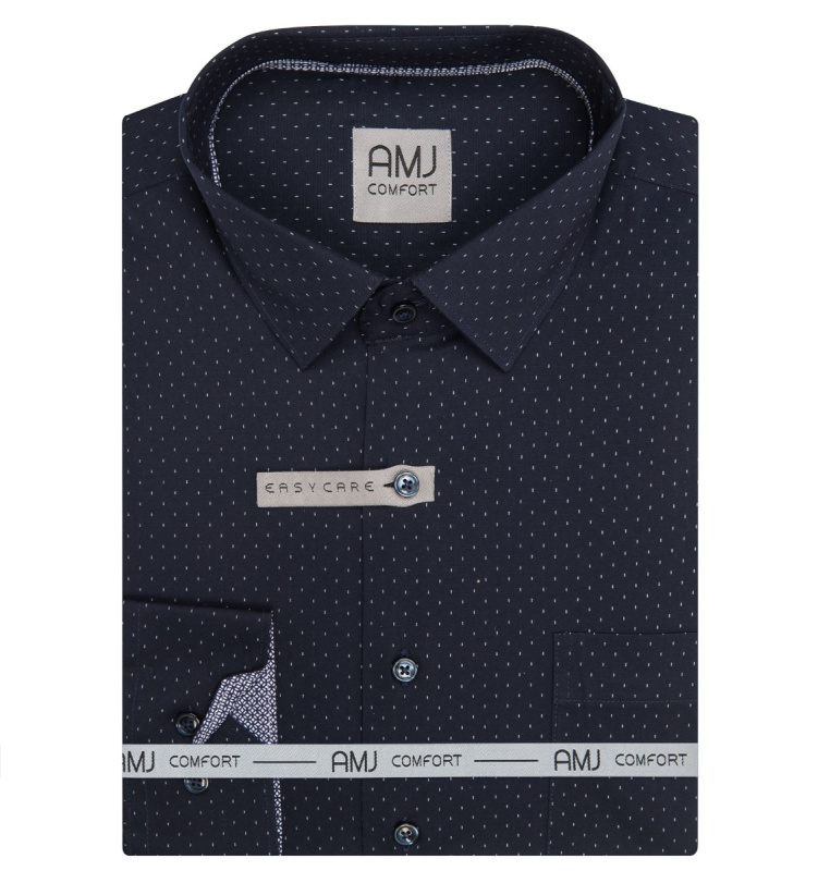 AMJ Pánská košile AMJ bavlněná, tmavě modrá s bílými čárkami VDBPSR1468, dlouhý rukáv, prodloužená délka, slim fit, vel. 38