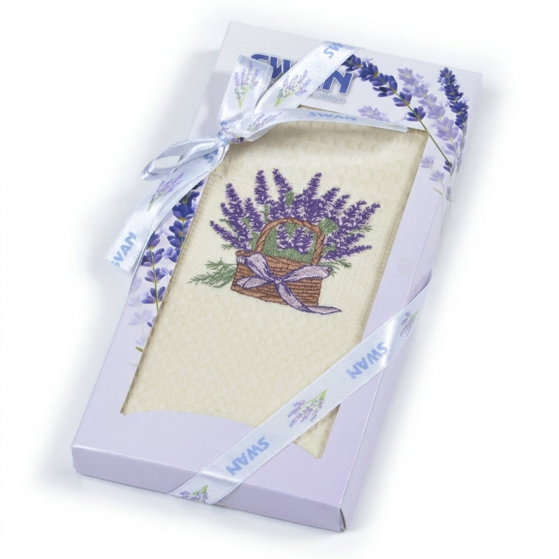 Utěrka SWAN 78 vaflová vyšívaná, dárkové balení, levandule v košíku na smetanové, 1 kus 50x70cm