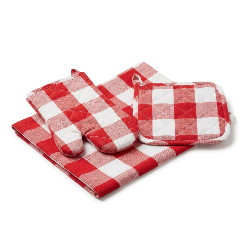 Avax kuchyňský set QK-244 3-dílný, ČERVENO-BÍLÁ KOSTKA, chňapka 28x18cm + podložka 20x20cm + utěrka 50x70cm