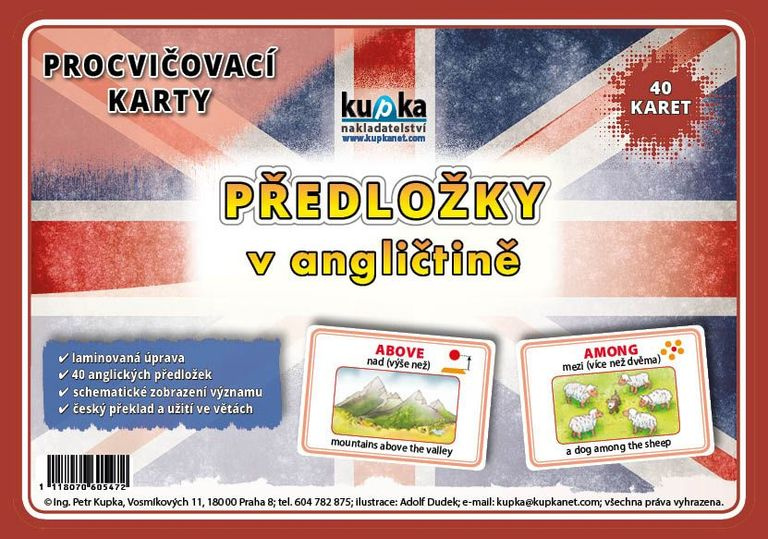 Procvičovací karty - anglické předložky A6 (15x10 cm) v krabičce