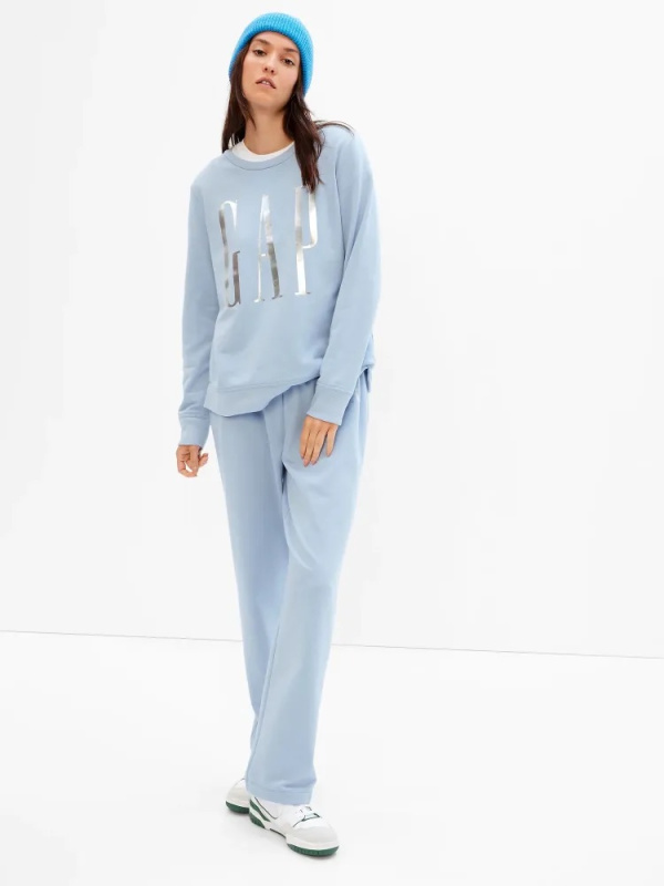 GAP LOGO CREW dámská mikina s rozparky modrá s lesklým nápisem Velikost: XXS