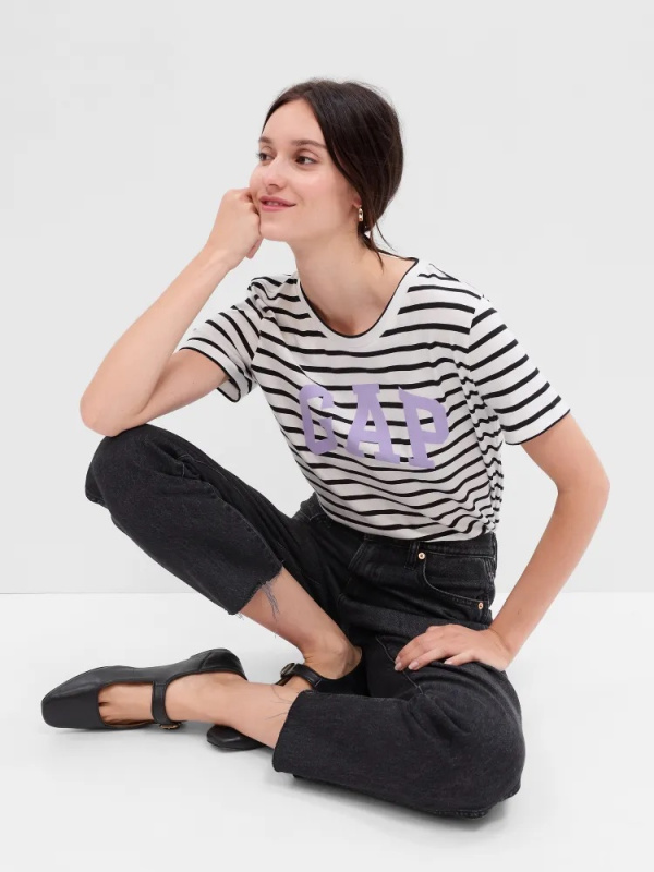 GAP LOGO CLASSIC TEE STRIPE dámské tričko pruhované s krátkým rukávem bílá černá Velikost: XXS
