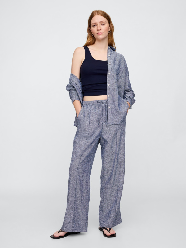 GAP Lněné kalhoty Wide modrá Velikost: XS
