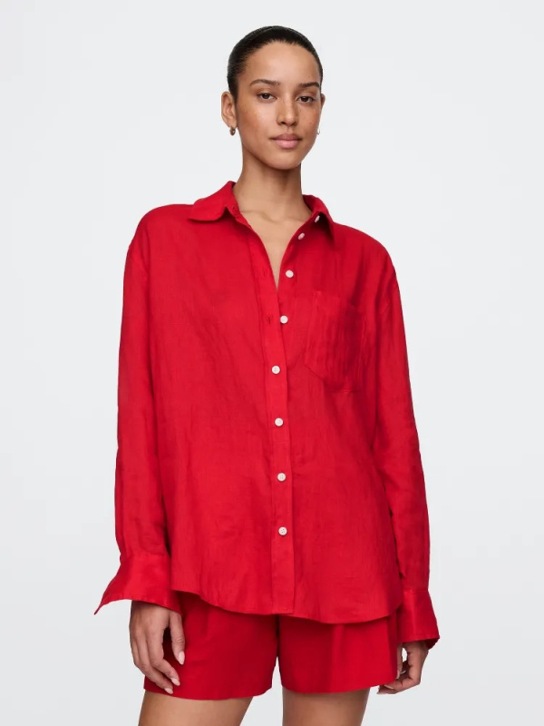 GAP Lněná oversize košile Big Shirt červená Velikost: M