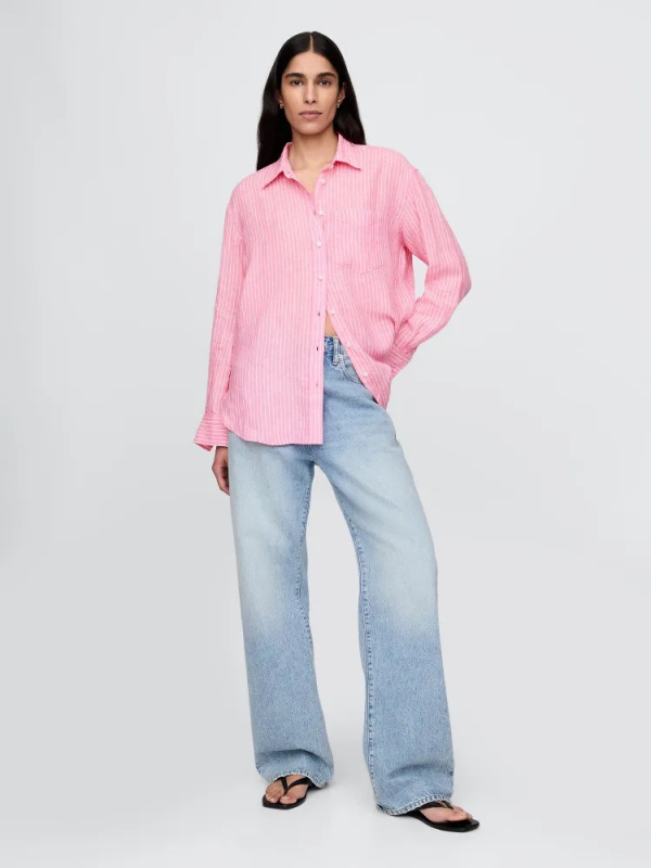 GAP Lněná oversize košile Big Shirt růžová pruh Velikost: XS