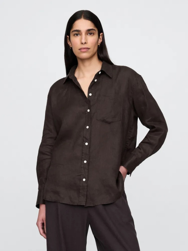 GAP Lněná oversize košile Big Shirt hnědá Velikost: XS