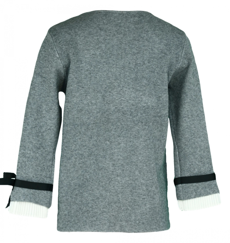 Dámský svetr na rukávech zdobený bílým plisovaným volánkem a černou stužkou SW 0202 - Gemini světle šedá L/XL