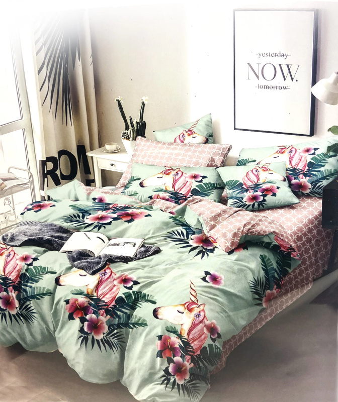 Sada povlečení listy Jednorožec 914371 / 160/200 - Moon Milano zelená/růžová one size
