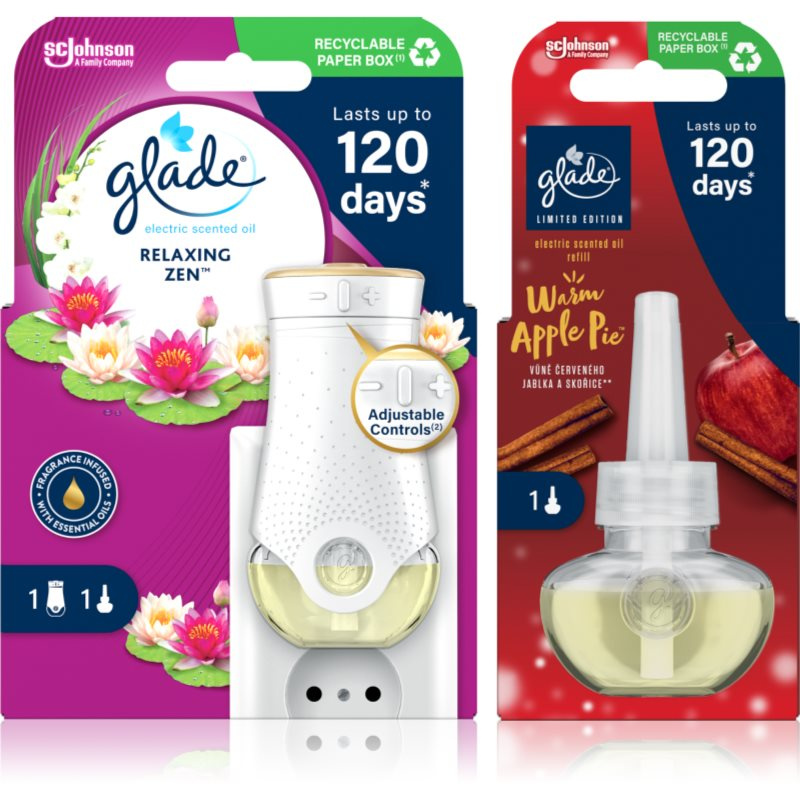 GLADE Electric scented oil Relaxing Zen + Warm Apple Pie výhodné balení 3 ks