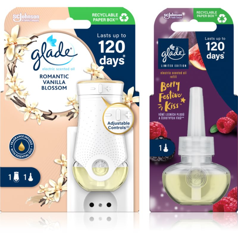 GLADE Electric scented oil Romantic Vanilla Blossom + Berry Festive Kiss výhodné balení 3 ks