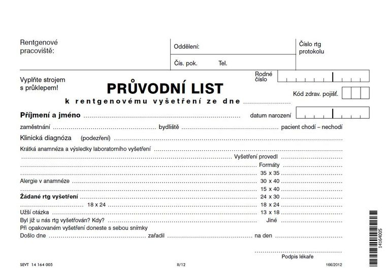 Průvodní list k rentgenovému vyšetření
