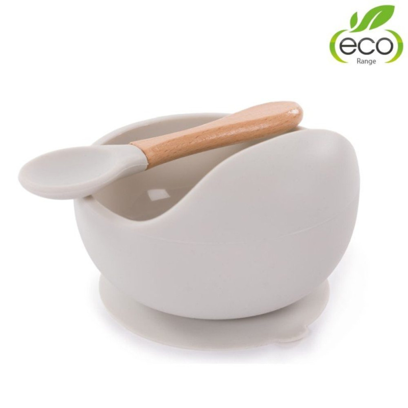 Bo Jungle silikonová miska s přísavkou a lžičkou Grey