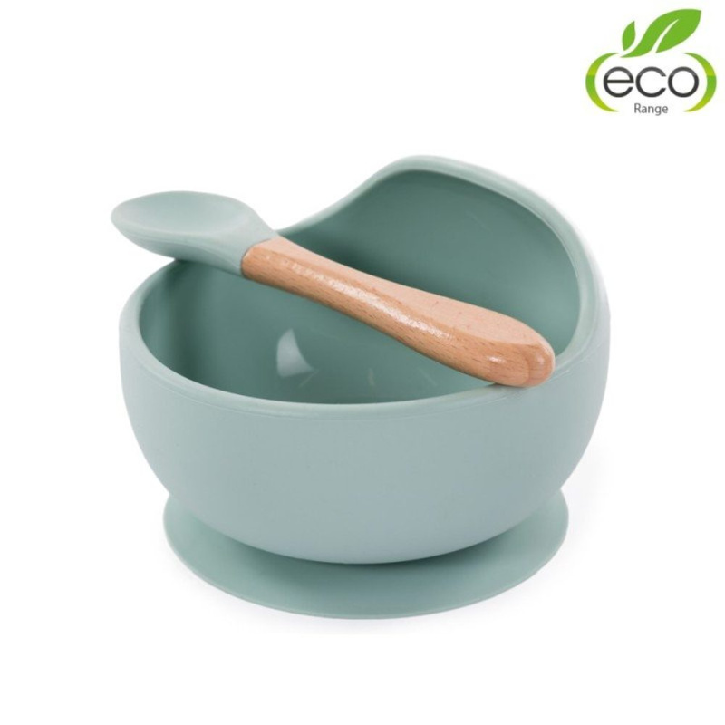 Bo Jungle silikonová miska s přísavkou a lžičkou Pastel Blue