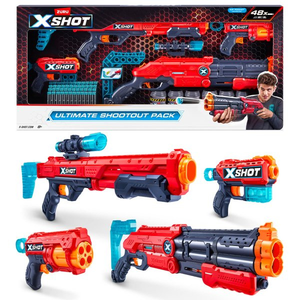 X-SHOT Velká sada - Vigilante, Hawk Eye, Fury 4, Kickback (6 plechovek, 48 nábojů)