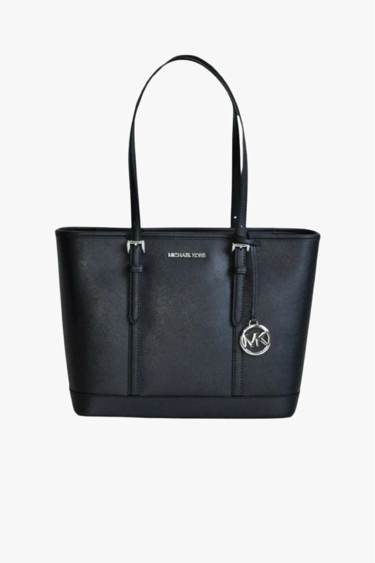 Michael Kors Jet Set Travel LG TZ Shldr Tote černá kožená dámská kabelka se stříbrným kováním