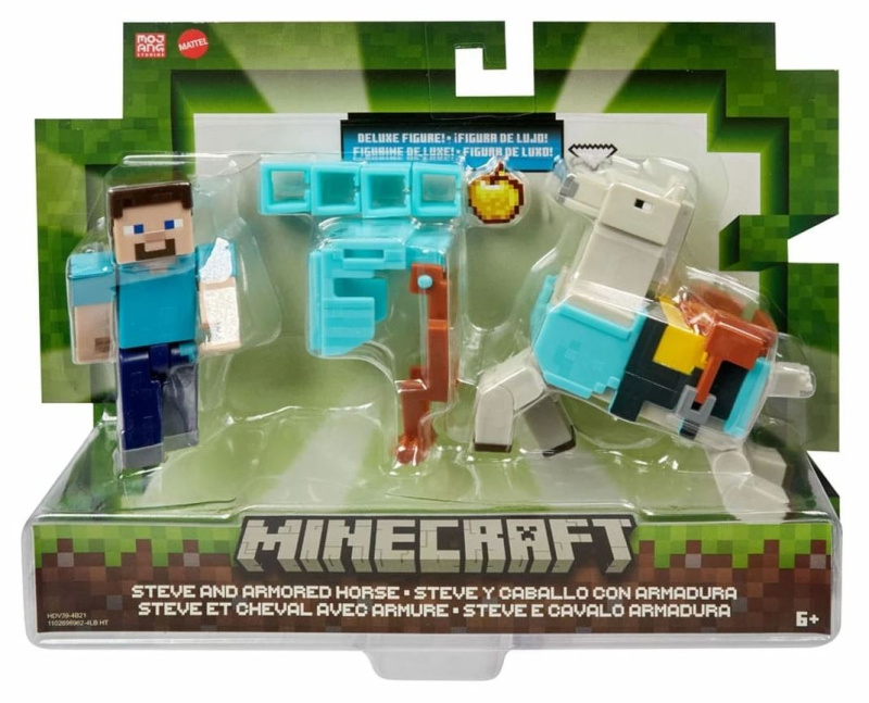 Minecraft  8 cm figurka dvojbalení steve a obrněný kůň, mattel hdv39