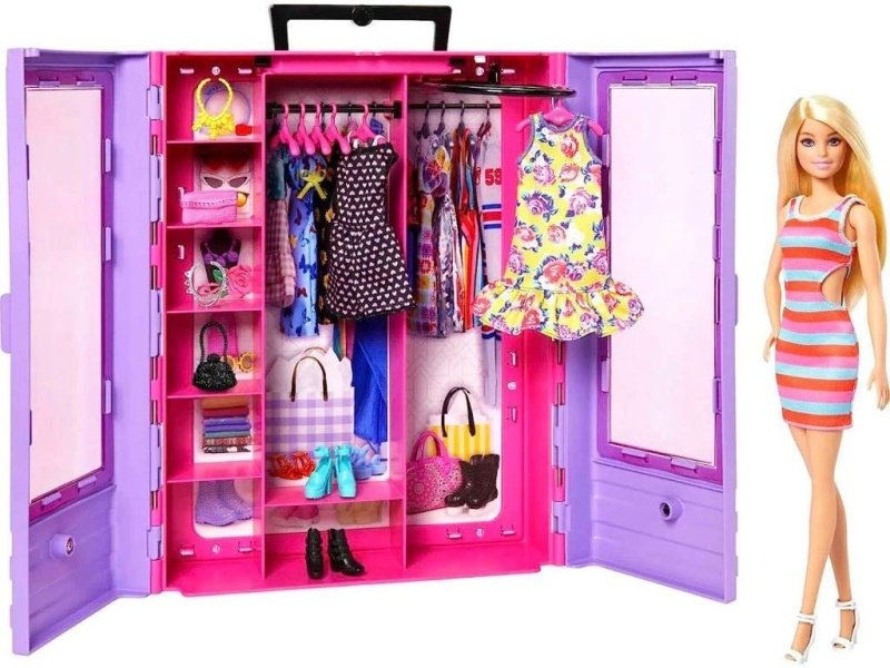 Mattel barbie fashionistas šatní skříň fialová s panenkou + 15 doplňků, hjl66