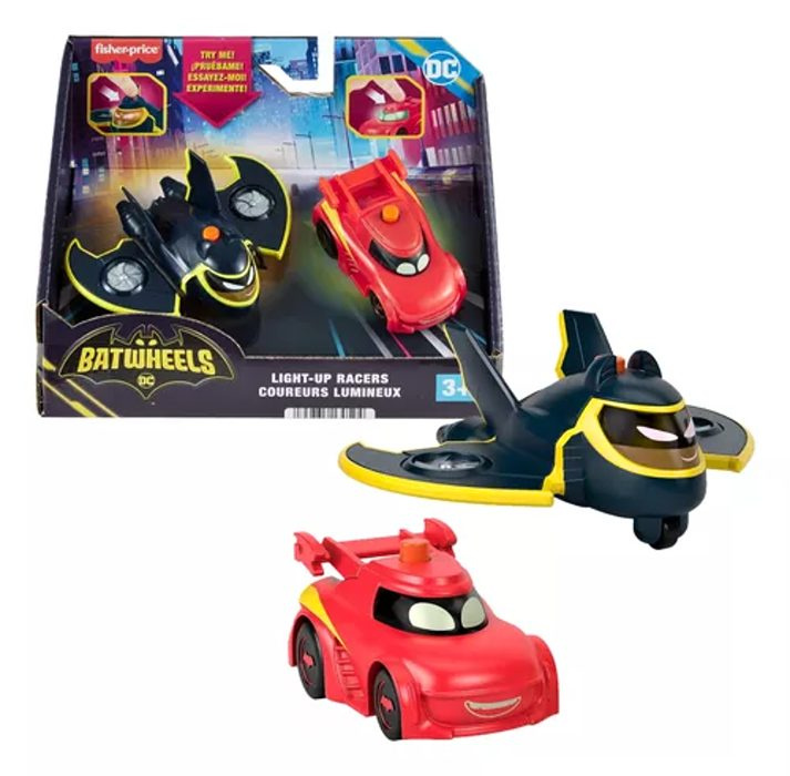 Fisher price batwheels 2 ks svítící auto redbird & batwing, mattel hml26