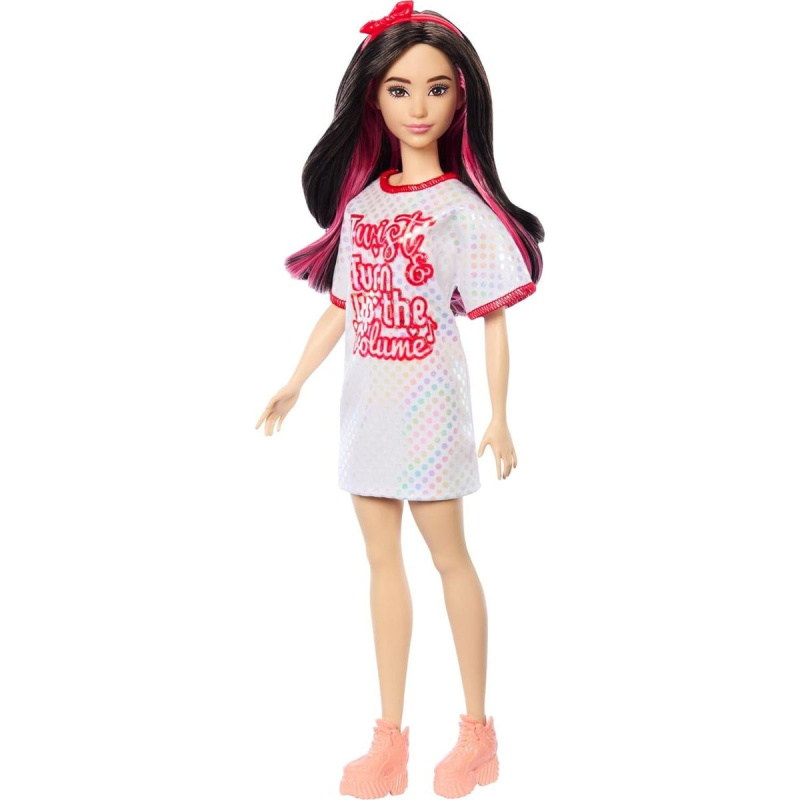 Mattel Barbie modelka - bílé lesklé šaty