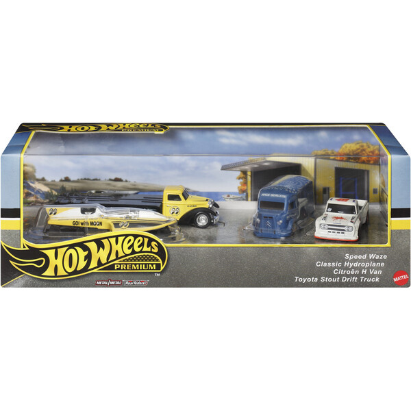 Mattel Hot Wheels Premium Speed Waze, Classic Hydroplane, Citroen H Van, Toyota Stout Drift Truck Vícebarevná