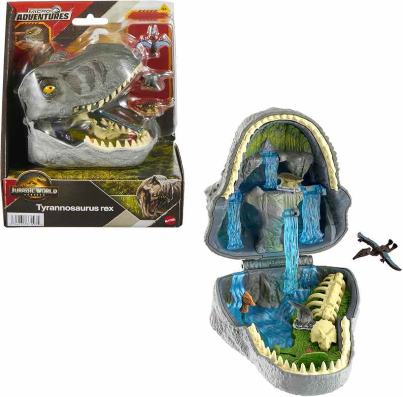 Mattel jurský svět: znovuzrození! hlava tyrannosaura rexe s 3 mikrofigurkami