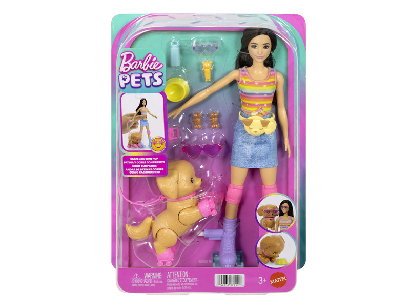 Barbie sada na venčení psa na kolečkových bruslích – hnědovlasá panenka