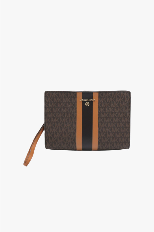 Michael Kors MD logo stripe zip pouch brown monogram dámské psaníčko