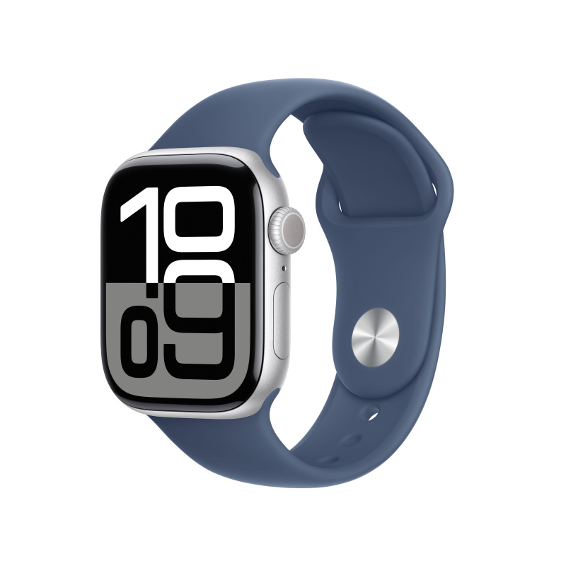 Apple Watch Series 10 Cellular 42mm Stříbrný hliník s denimovým sportovním řemínkem M/L