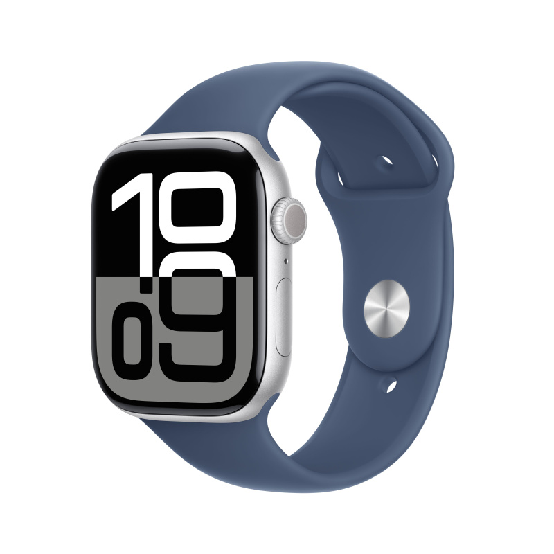 Apple Watch Series 10 Cellular 46mm Stříbrný hliník s denimovým sportovním řemínkem S/M