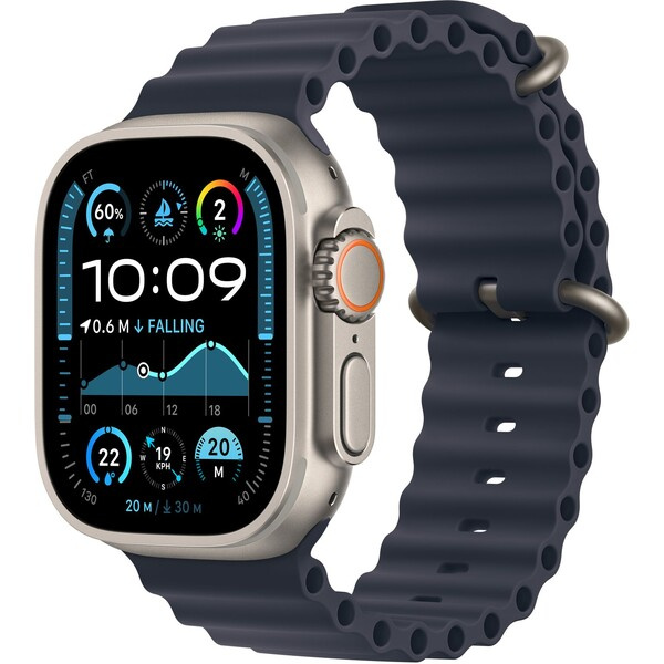 Apple Watch Ultra 2 GPS + Cellular, 49mm přírodně titanové pouzdro s ledově modrým oceánským řemínkem - mx4d3cs/a