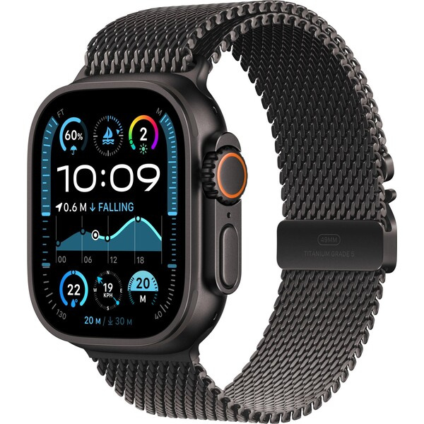 Apple Watch Ultra 2 GPS + Cellular, 49mm černě titanové pouzdro s černě titanovým milánským tahem z titanu - L - mx5v3cs/a
