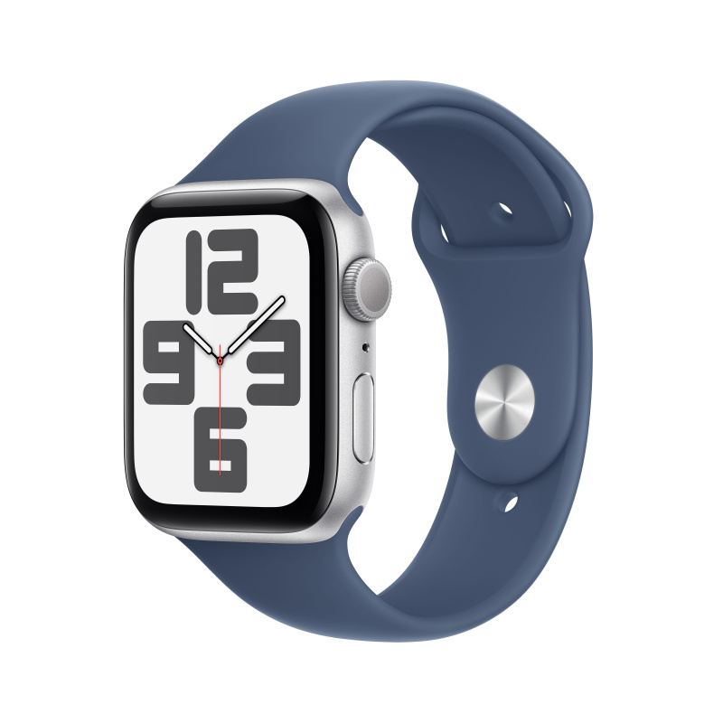 Apple Watch SE (2024) 44mm Stříbrný hliník s denimovým sportovním řemínkem M/L