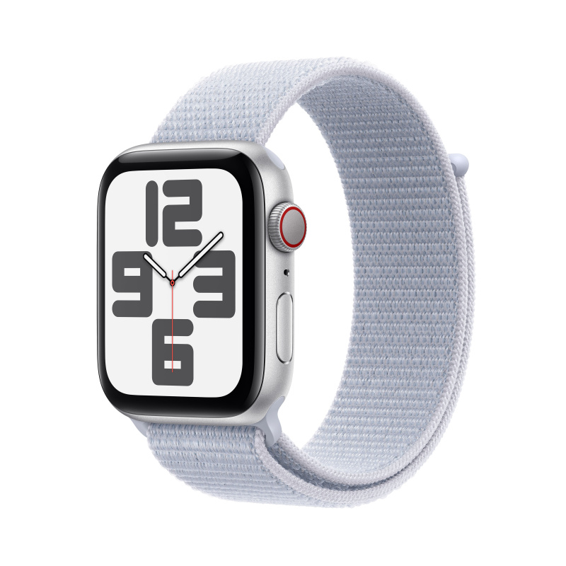 Apple Watch SE (2024) Cellular 44mm Stříbrný hliník s oblačně modrým provlékacím řemínkem