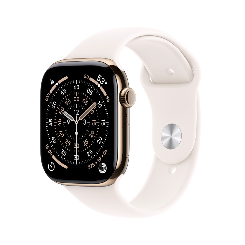 Apple Watch Series 11 Cellular (46mm) Zlatý Titan se světle ruměnným sportovním řemínkem S/M