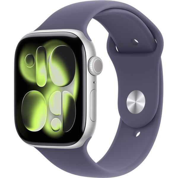 Apple Watch Series 11 (46mm) Stříbrný hliník s mlžně fialovým sportovním řemínkem S/M