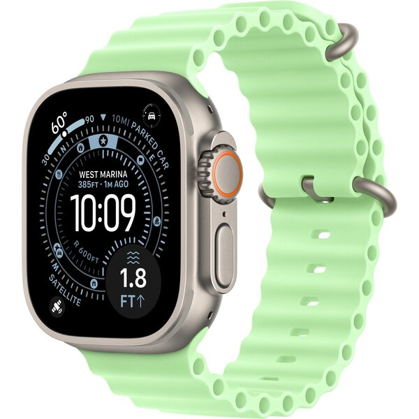 Apple Watch 49/46/45/44mm neonově zelený Oceánský řemínek přírodní titan