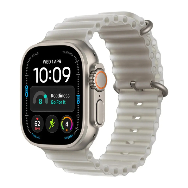 Apple Watch Ultra 4 49mm Přírodní titan s průsvitně šedým Oceánským řemínkem
