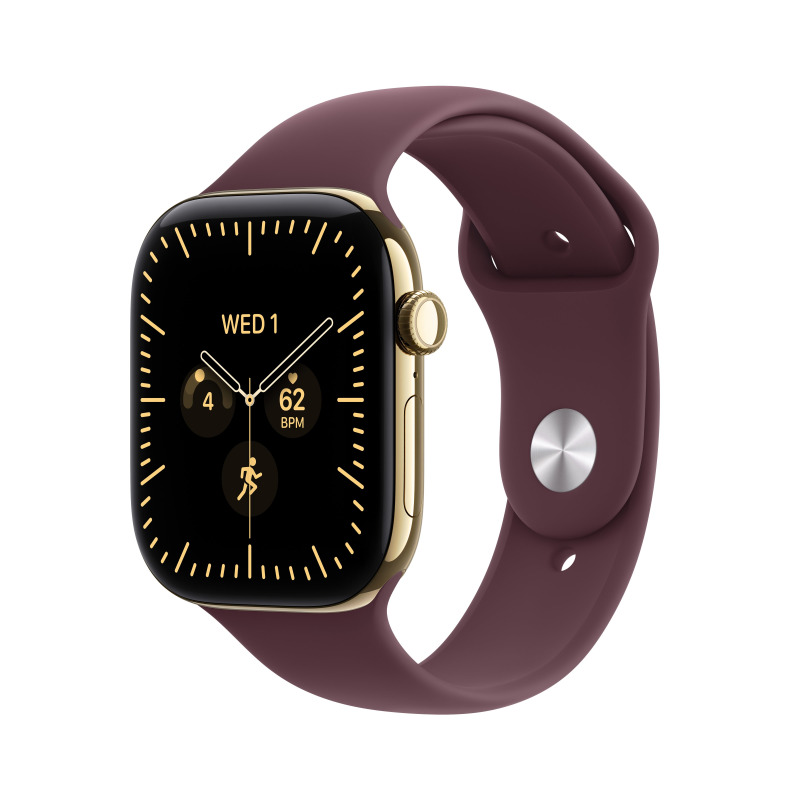 Apple Watch Series 12 Cellular (42mm) Zářivě zlatý titan s burgundsky červeným sportovním řemínkem S