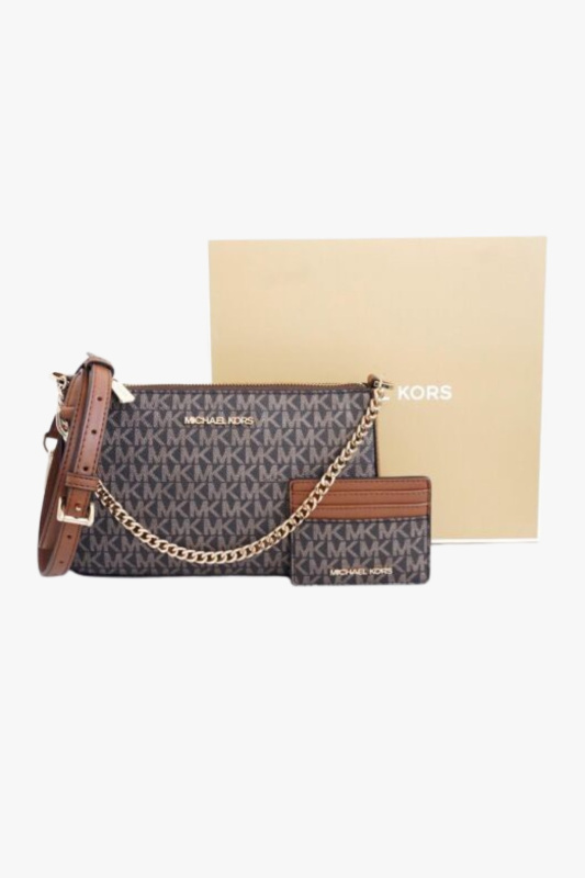 Michael Kors JST medium crossbody, card holder brown/gold monogram dárková sada dámská kabelka a peněženka