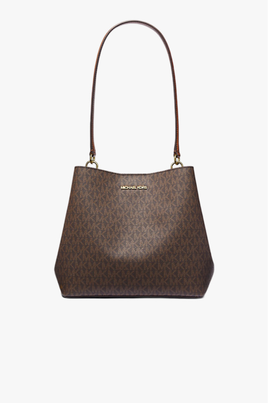 Michael Kors PRATT medium bucket shoulder brown monogram dámská kabelka