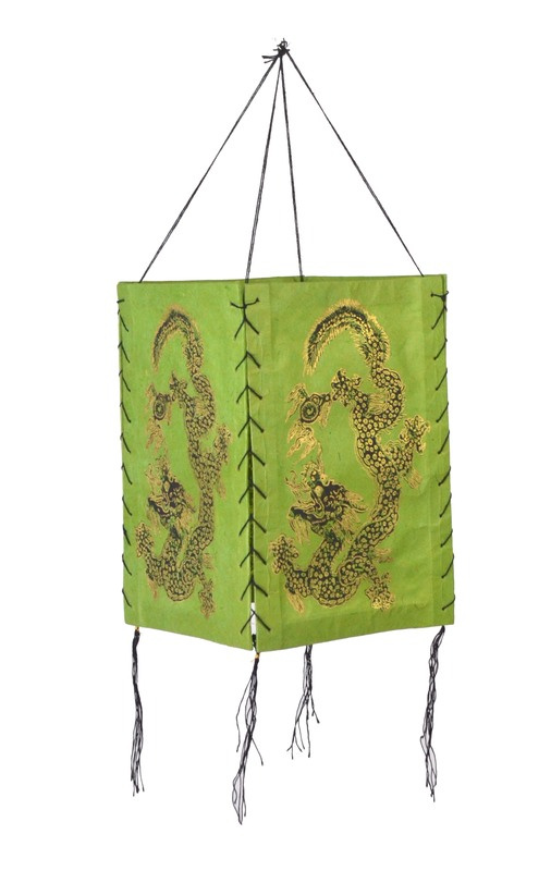 Sanu Babu Čtyřboký lampion - stínidlo se zlatým potiskem draka, zelená, 18x25cm