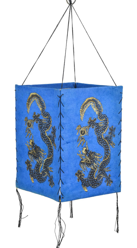 Sanu Babu Čtyřboký lampion - stínidlo se zlatým potiskem draka, tyrkysová, 18x25cm
