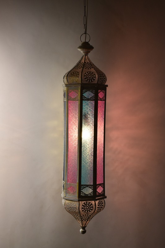 Sanu Babu Arabská lampa, multibarevná, bílá patina, sklo, ruční práce, 21x21x97cm