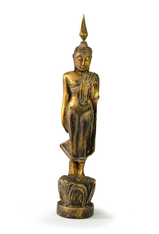 Sanu Babu Narozeninový Buddha, pondělí, teak, zlatá patina, 26cm