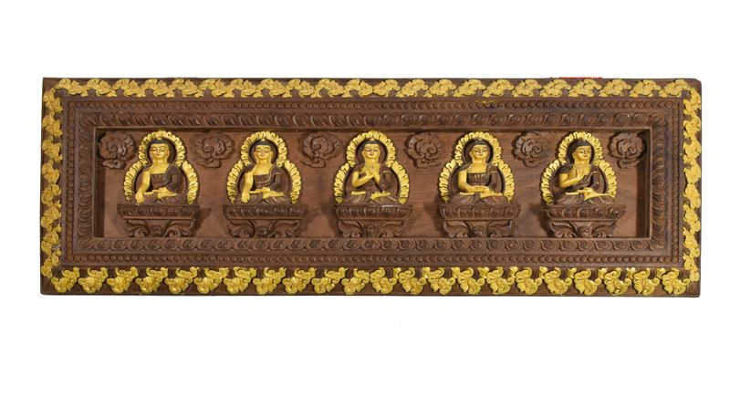 Sanu Babu Dřevěný panel, Pět Dhjánibuddhů, ručně vyřezávaný, zlacený, 73x25cm