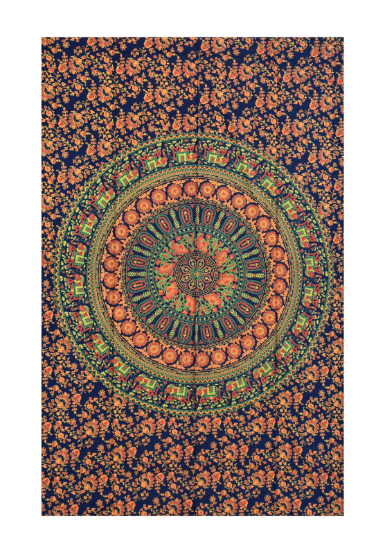 Sanu Babu Přehoz na postel, modro-oranžový, sloni a květiny, 130x210cm