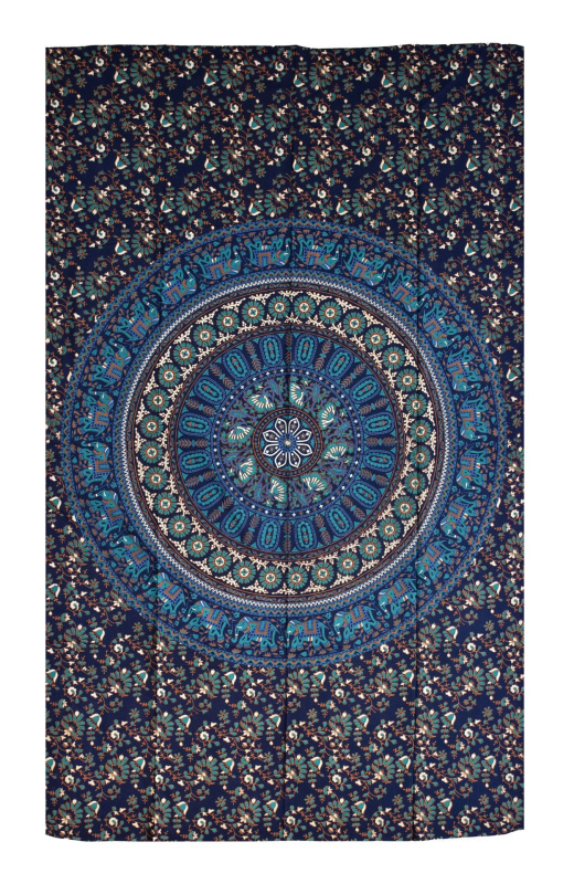 Sanu Babu Přehoz na postel, modro-zelený, sloni a květiny, 130x210cm